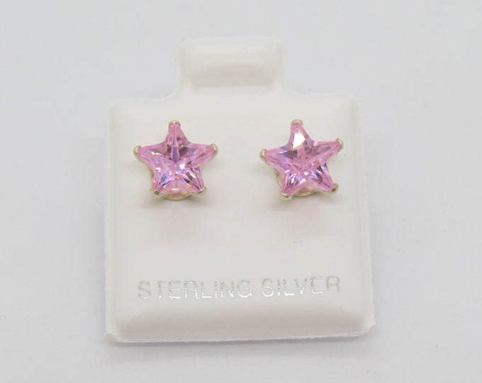 Vintage Sterling Silver Star cut Pink Sapphire Stud Earrings 7MM