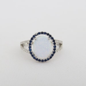 Vintage Sterling Silver White Opal, Blue Sapphire & White Topaz Halo Ring Size 5