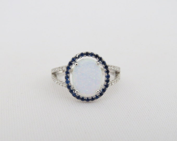 Vintage Sterling Silver White Opal, Blue Sapphire & White Topaz Halo Ring Size 5
