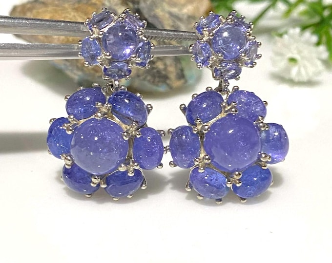 Vintage Sterling Silver Natural Tanzanite Flower Dangle Earrings.