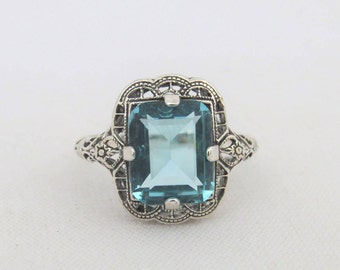 Vintage Sterling Silver Aquamarine Filigree Ring Size 7