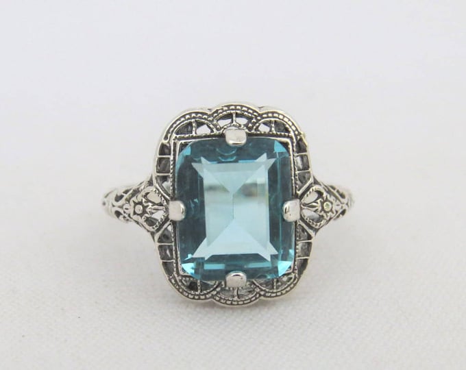 Vintage Sterling Silver Aquamarine Filigree Ring Size 7