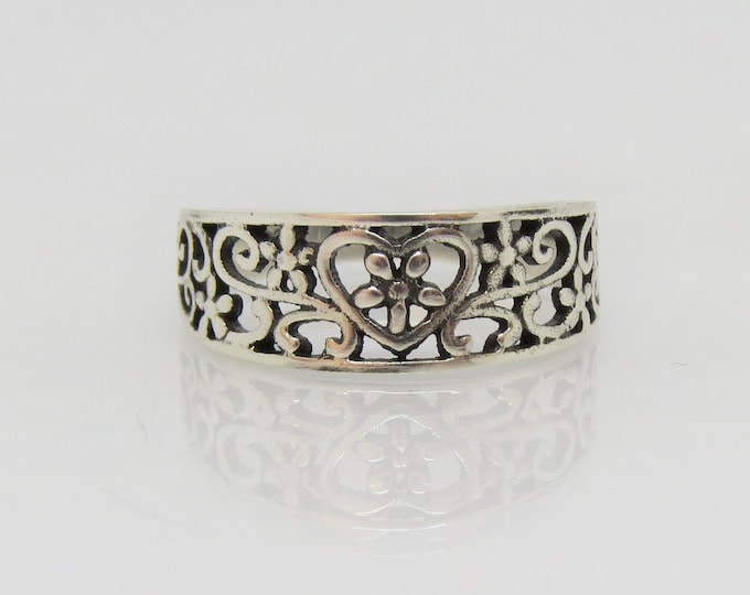 Sterling Silver Heart Flower Filigree Band Ring Size 6