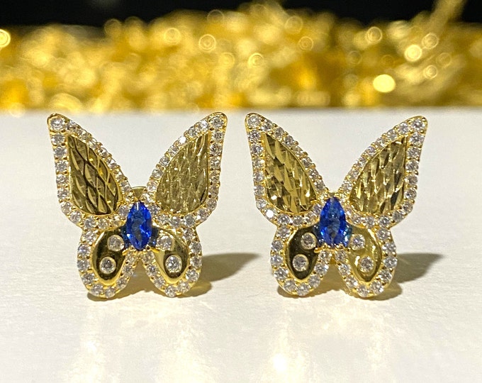 Vintage 18K Solid Yellow Gold Blue Sapphire & White Topaz Butterfly Earrings.