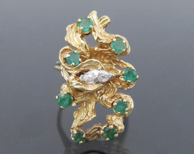 Vintage 1960s 14K Solid Yellow Gold 1.58Ct Genuine Diamond & Emerald Ladies Ring Size 7.75