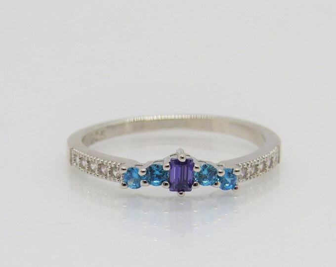 Vintage Sterling Silver Amethyst, Aquamarine & White Topaz Ring Size 7