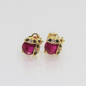 Vintage 14K Solid Yellow Gold Ruby, Black Sapphire & White Topaz Ladybug  Stud Earrings