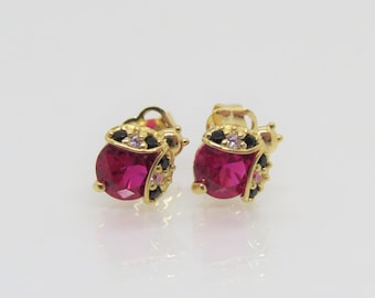 Vintage 14K Solid Yellow Gold Ruby, Black Sapphire & White Topaz Ladybug  Stud Earrings