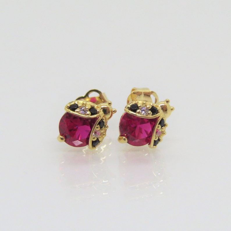 Vintage 14K Solid Yellow Gold Ruby, Black Sapphire & White Topaz Ladybug Stud Earrings image 1