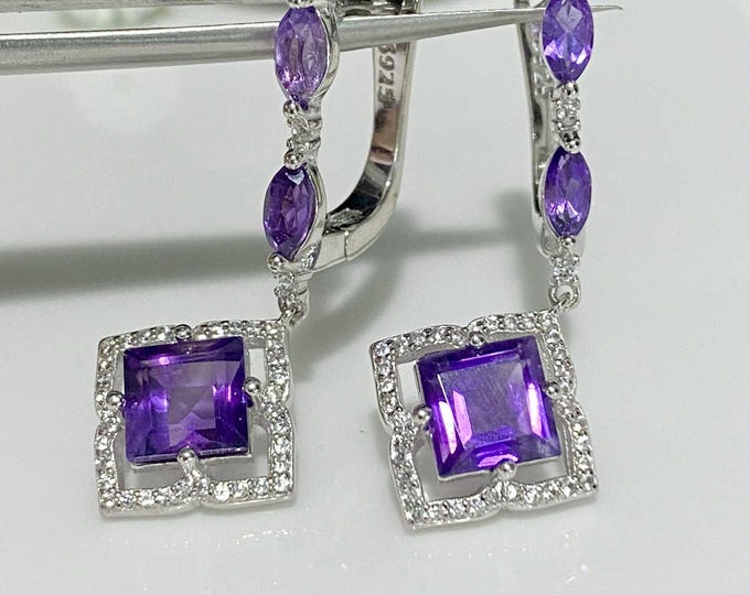 Vintage Sterling Silver Natural Amethyst & White Topaz Dangle Earrings.