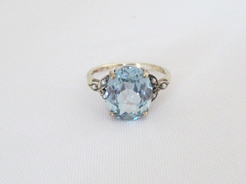 Vintage Sterling Silver Aquamarine /& Seed Pearl Ring Size 6
