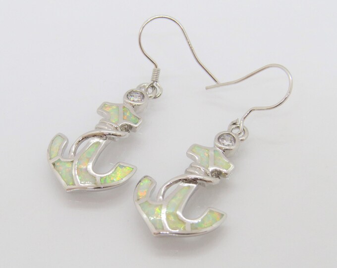 Sterling Silver Inlay White Opal Anchor Dangle Earrings