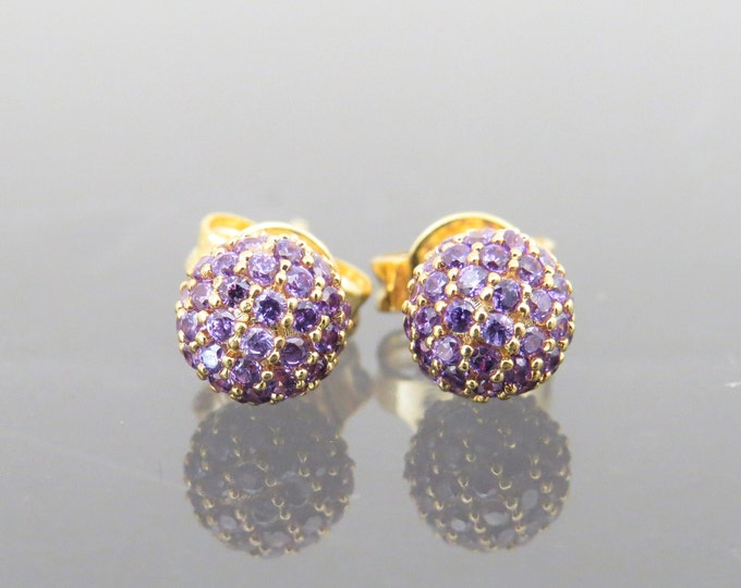 Vintage 18K Solid Yellow Gold Amethyst Ball Stud Earrings