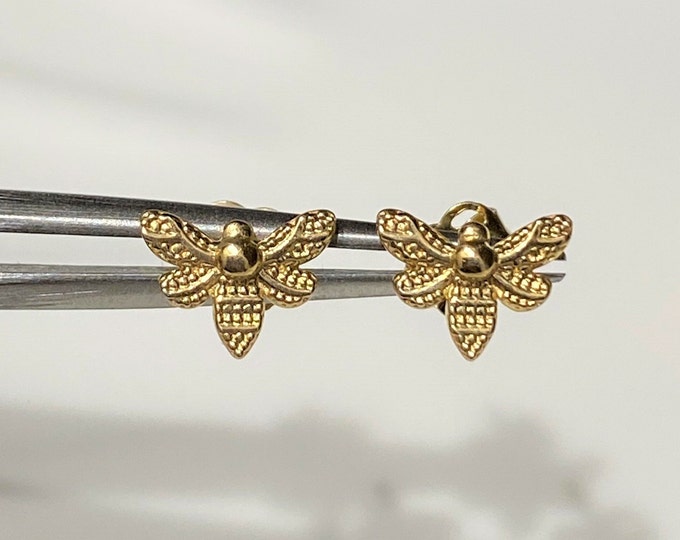 Vintage 14K Solid Yellow Gold Bee, Dragonfly Stud Earrings.