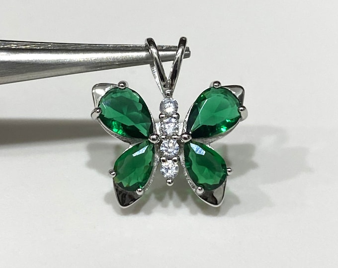 Sterling Silver Emerald & White Topaz Butterfly Pendant.