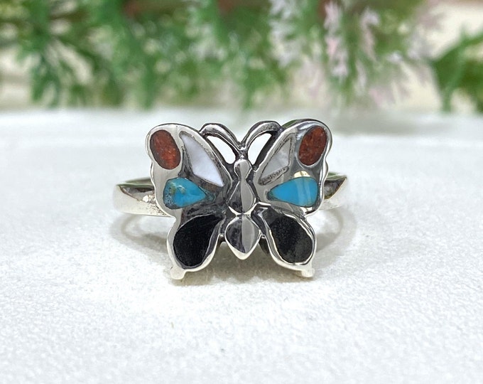 Vintage Sterling Silver Multi Color Gemstones Butterfly Ring Size 9