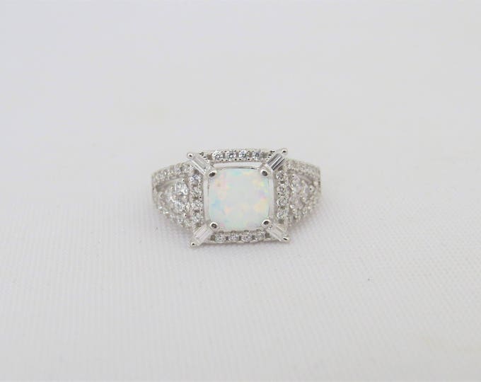 Vintage Sterling Silver White Opal & White Topaz Engagement Ring Size 6