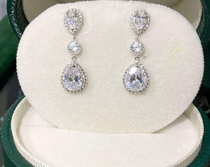 14K Solid White Gold White Sapphire Dangle Earrings.