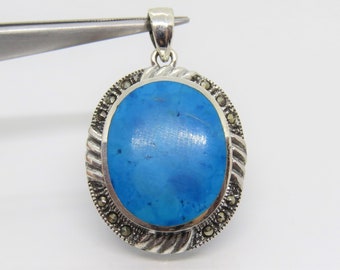 Vintage Sterling Silver Turquoise & Marcasite Oval Pendant