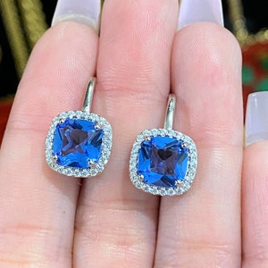 Sterling Silver Cushion cut Tanzanite & White Topaz Earrings