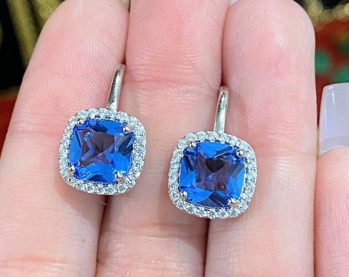 Sterling Silver Cushion cut Tanzanite & White Topaz Earrings