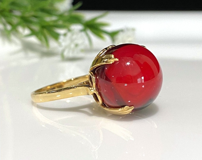 Vintage Unique 14K Solid Yellow Gold Red, Black Glass Ball Ring Size 7.75