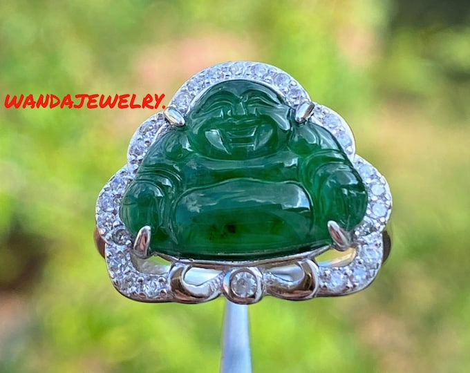 Vintage Translucent Natural Emerald Green Jadeite Jade, White Topaz Laughing Buddha, Happy Buddha Sterling Silver Adjustable Ring Size 7