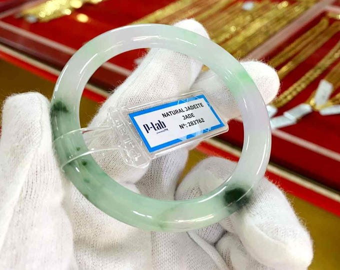 Vintage Translucent Natural Green, White Jadeite Jade Bangle Bracelet 52.6MM