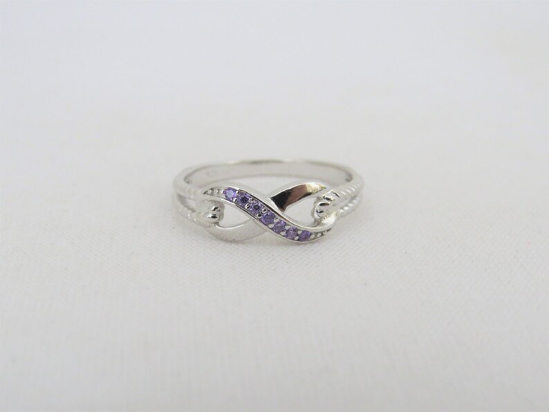 Sterling Silver Double Heart Amethyst & Diamond Infinity Ring - Size 12, Violet Gemstone, 5 Diamonds