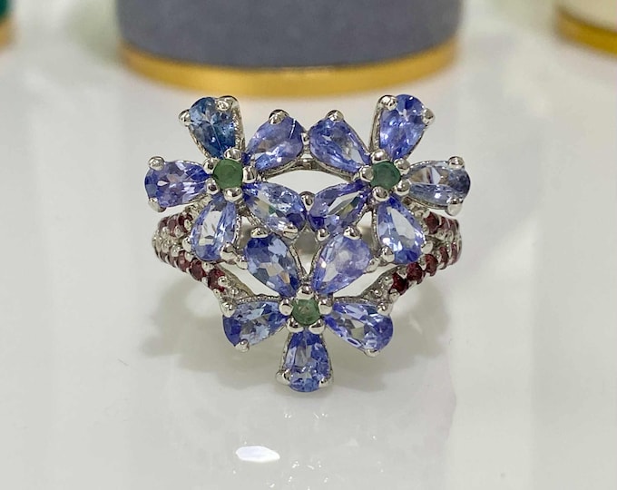 Vintage Sterling Silver Natural Tanzanite, Emerald & Rhodolite Flowers Ring Size 7 1/2