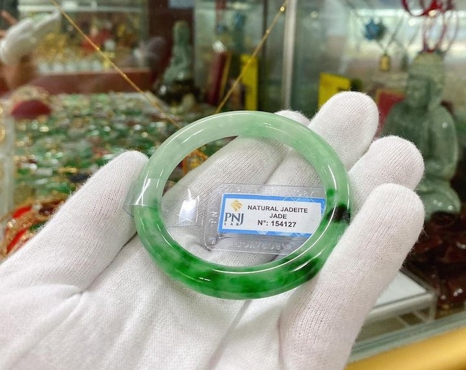 Vintage Translucent Natural Green, Black Jadeite Jade Bangle Bracelet 54.2MM