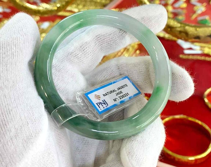 Vintage Translucent Natural Green, White Jadeite Jade Bangle Bracelet 55.1MM