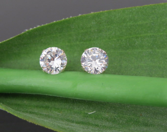 Vintage Sterling Silver White Topaz Stud Earrings 8MM