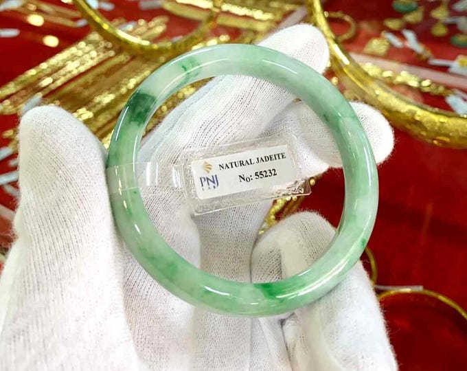 Vintage Translucent Natural Green, White Jadeite Jade Bangle Bracelet 55.3MM