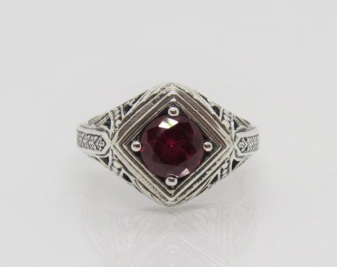Vintage Sterling Silver Ruby Filigree Ring Size 8