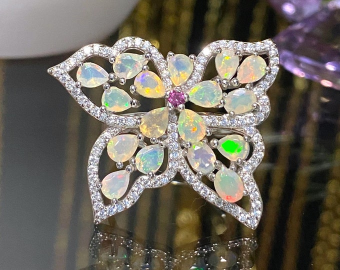 Sterling Silver Natural Fire Opal, Rhodolite & White Topaz Butterfly Vintage Ring Size 7