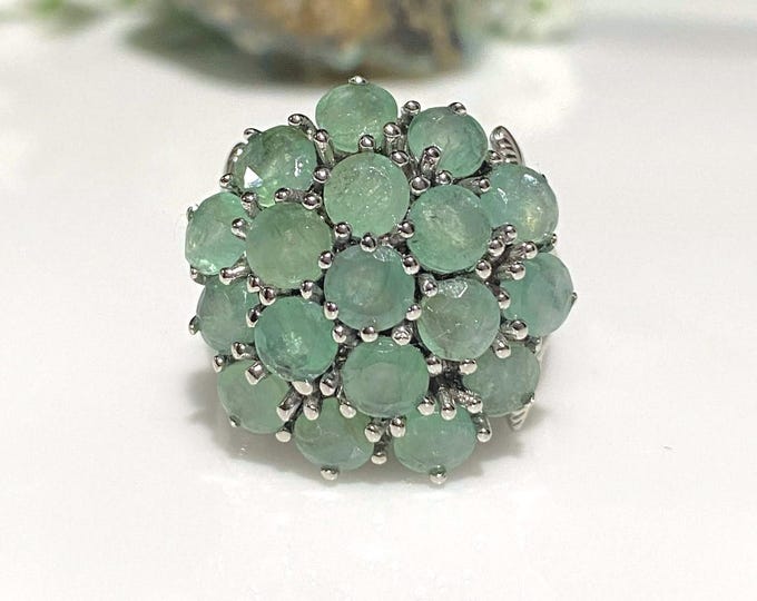 Vintage Sterling Silver Natural Round cut Emerald Cluster Ring Size 8.75