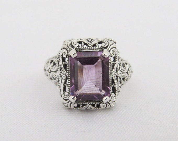 Vintage Sterling Silver Natural Amethyst Filigree Ring Size 8
