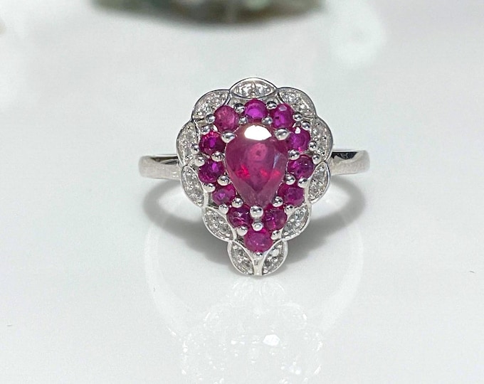 Vintage Sterling Silver Natural Ruby & White Topaz Ring Size 8