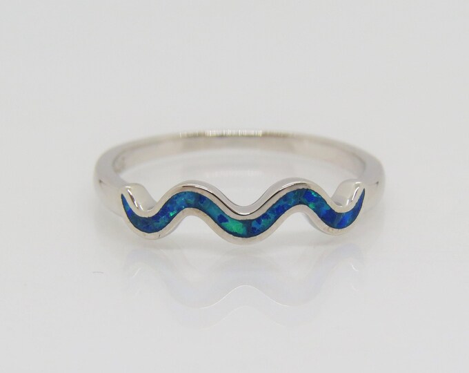 Sterling Silver Blue Opal Swirly Band Ring Size 8