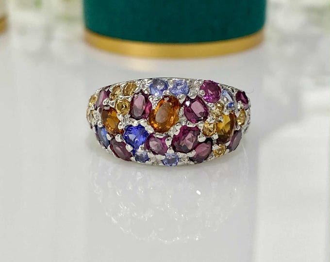 Vintage Sterling Silver Natural Tourmaline, Rhodolite, Tanzanite & Sapphire Ring Size 8 3/4