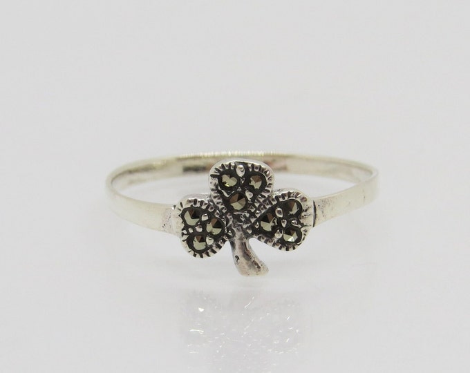 Vintage Sterling Silver Shamrock Marcasite Ring Size 7