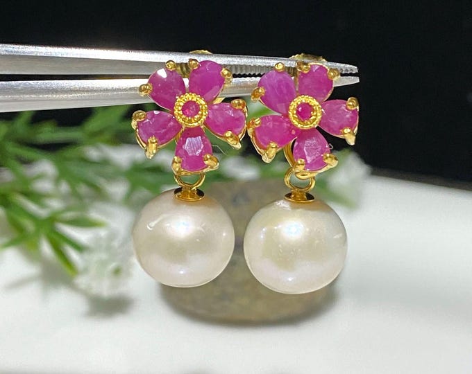 Vintage 18k Gold Plate Sterling Silver Pearl, Ruby Flower Dangle Earrings