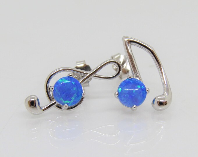 Vintage Sterling Silver Round Blue Opal Music Notes Earrings