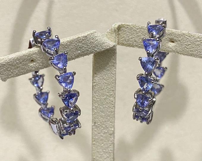 Vintage Sterling Silver Tanzanite Hoop Earrings 26MM