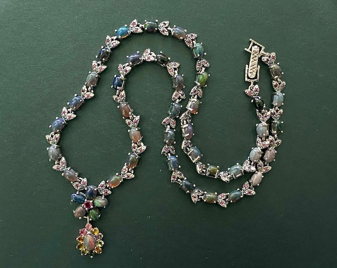 Vintage Sterling Silver Oval cut Natural Black Opal & Rubies, Tourmaline Chain Necklace 18''