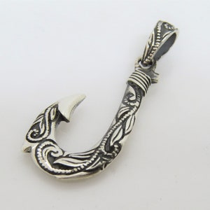 Vintage Sterling Silver Carved Fish Hook Pendant -  Sweden