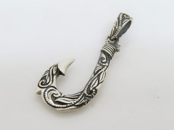 Vintage Sterling Silver Carved Fish Hook Pendant - image 1