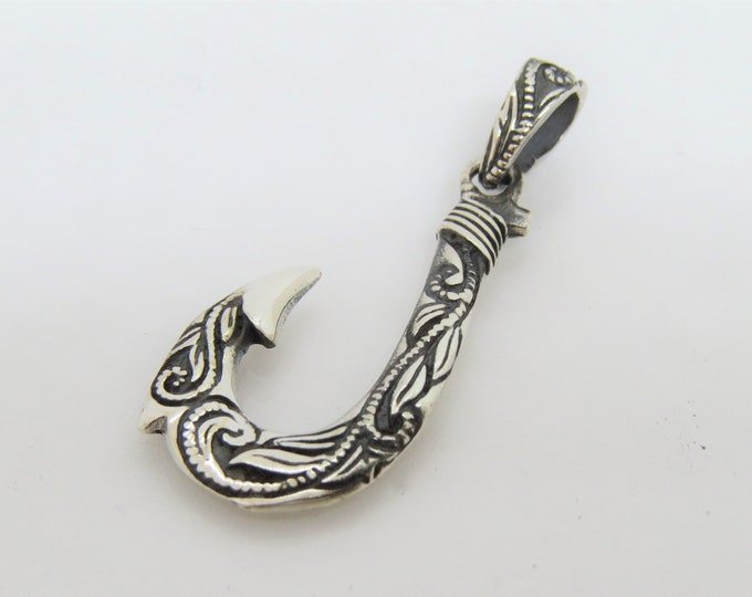 Vintage Sterling Silver Carved Fish Hook Pendant