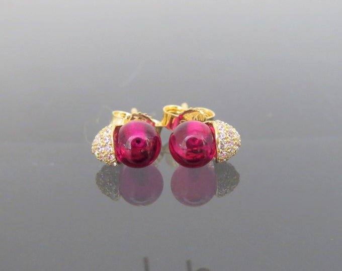 Vintage 18K Solid Yellow Gold Ruby Cabochon & White Topaz Stud Earrings